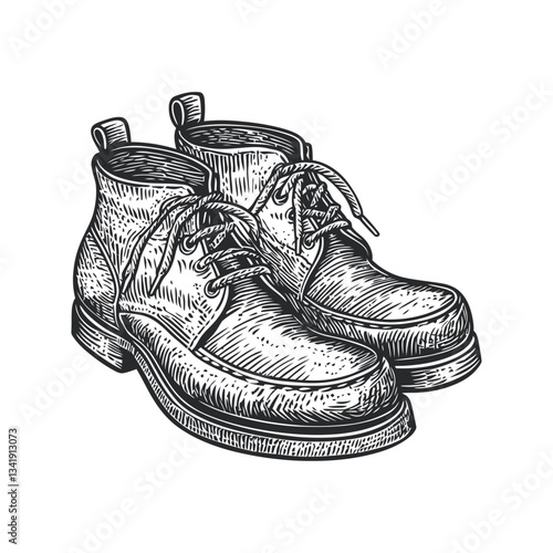 Detailed Woodcut Illustration of Classic Lace-Up Boots