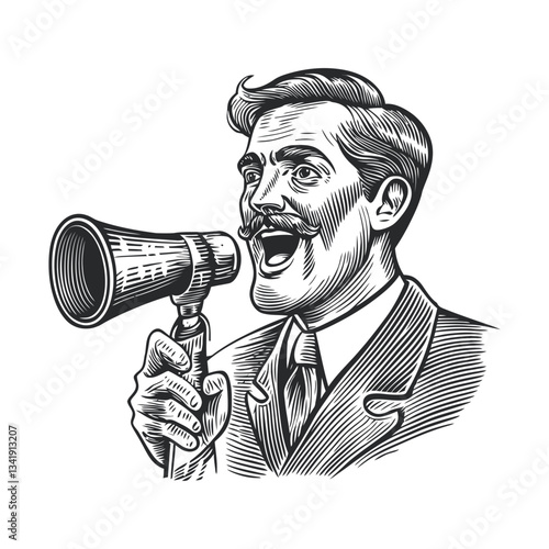 Vintage Style Woodcut Illustration of Enthusiastic Man with Megaphone