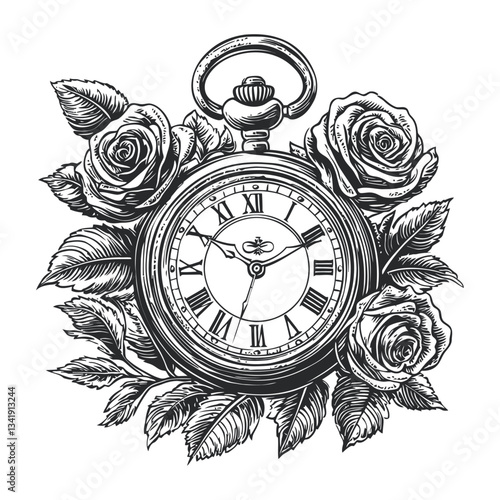 Vintage Pocket Watch Surrounded by Elegant Roses in Woodcut Style