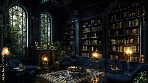 Dark Academia Library Interior Cozy Fireplace and Bookshelves