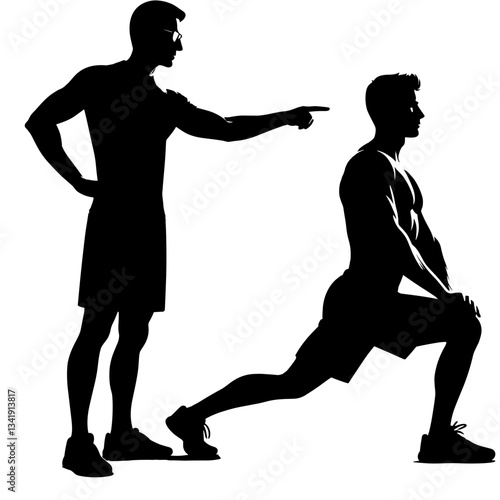 Men exercising in a lunge position, being instructed.