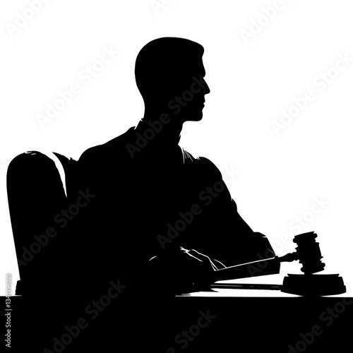 Judge in silhouette holding gavel against white background