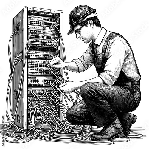 Technician adjusting cables against server rack.
