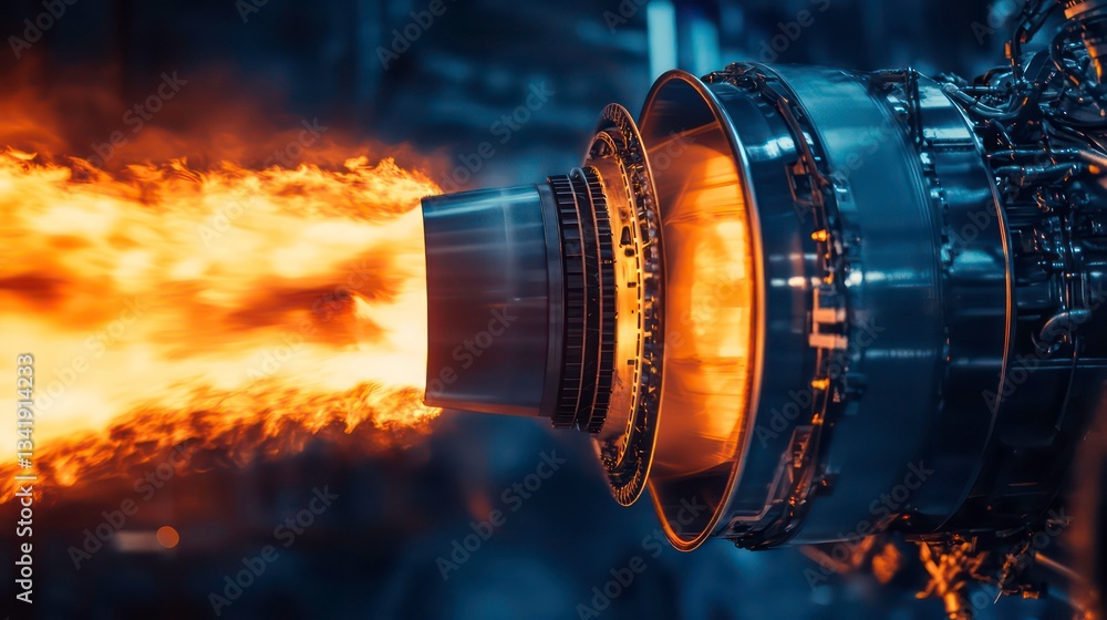 Obraz premium A jet engine nozzle emitting a vibrant, fiery exhaust, showcasing the power and engineering behind modern aviation technology.