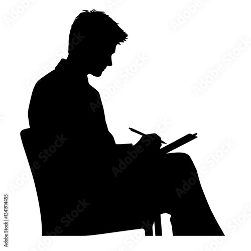 Silhouette of person writing while sitting in a chair.