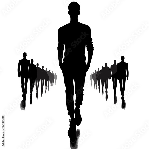 Several men walking against a white background.