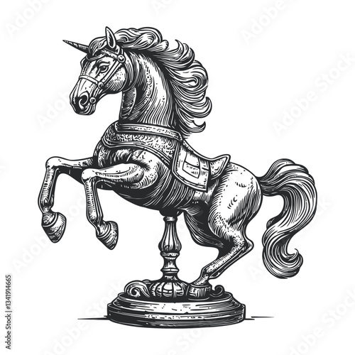Vintage Woodcut Illustration of a Galloping Unicorn Carousel Horse