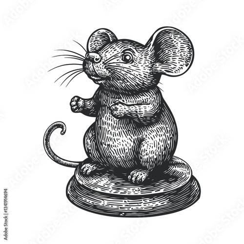 Vintage Woodcut Style Illustration of a Mouse Figure on Base