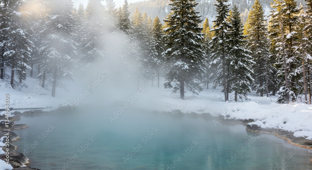 Serene hot spring surrounded by snow-covered pine trees in winter Serene hot spring surrounded by snow-covered pine trees in winter