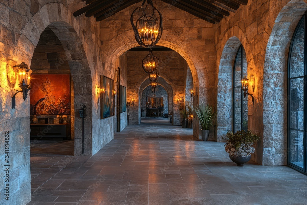 Obraz premium Luxurious Stone Hallway with Archways and Chandeliers
