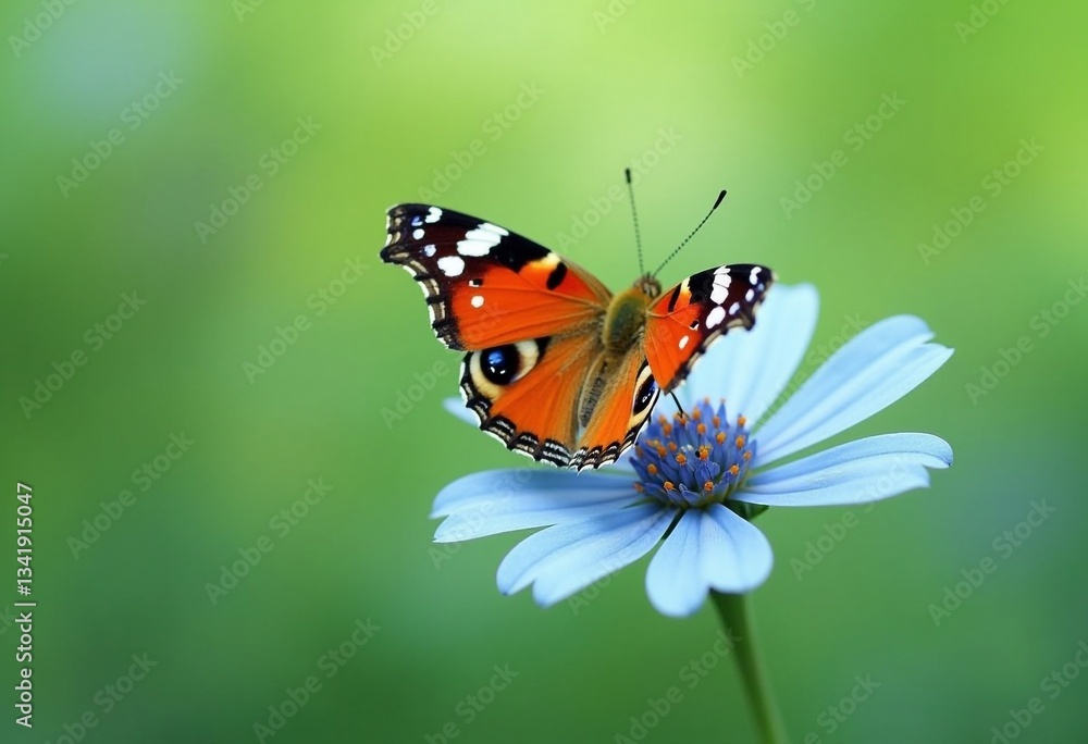 Beautiful Painted Lady Butterfly on a Delicate Blue Flower in a Vibrant Green Garden Beautiful Painted Lady Butterfly on a Delicate Blue Flower in a Vibrant Green Garden