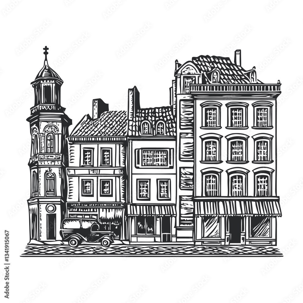 Fototapeta premium Vintage Woodcut of Urban Buildings with Classic Car in Front
