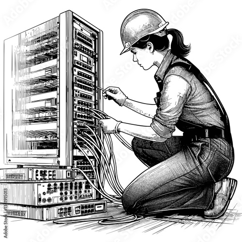 Technician Installing Cables in Network Rack

