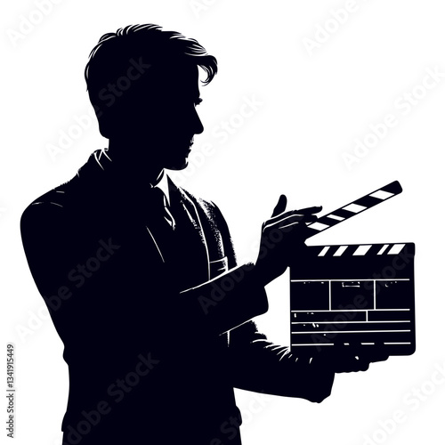 Director showing clapperboard against white background
