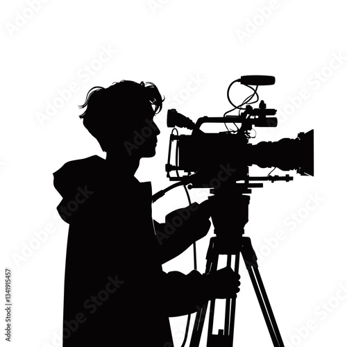 Person operating camera against white background.
