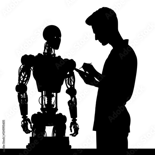 Man adjusting robot against white background
