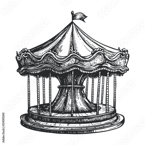 Vintage Woodcut Carousel Design Illustrating Nostalgic Amusement Park