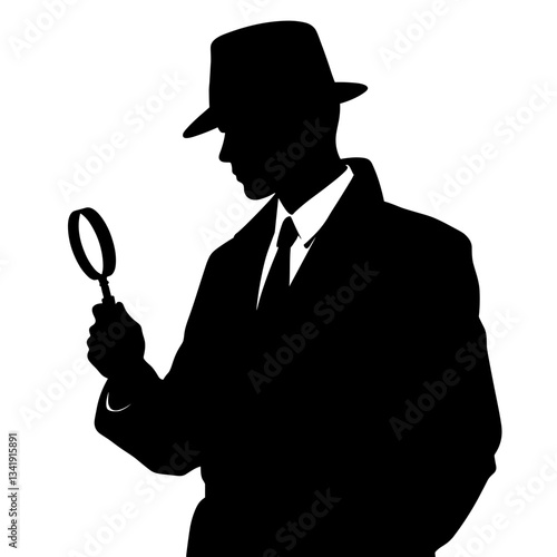 Silhouette of man holding magnifying glass against white background.
