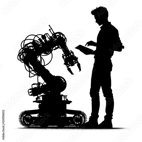 Silhouette of person interacting with industrial robot against white background