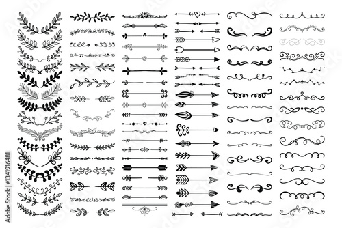 Wallpaper Mural Floral and Leaf Ornament Dividers Hand-Drawn Vine Decorations Elegant Floral Borders Intricate Leaf Ornaments Ink Flourishes Arrow Embellishments Victorian Style Doodles Decorative Sketched Vector Set Torontodigital.ca