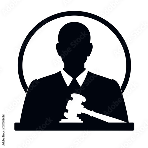Silhouette judge holding gavel icon in black white for justice.
