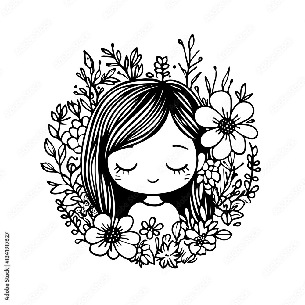 Cute girl illustration in floral frame, black and white, coloring page for kids and mindfulness activities Cute girl illustration in floral frame, black and white, coloring page for kids and mindfulness activities