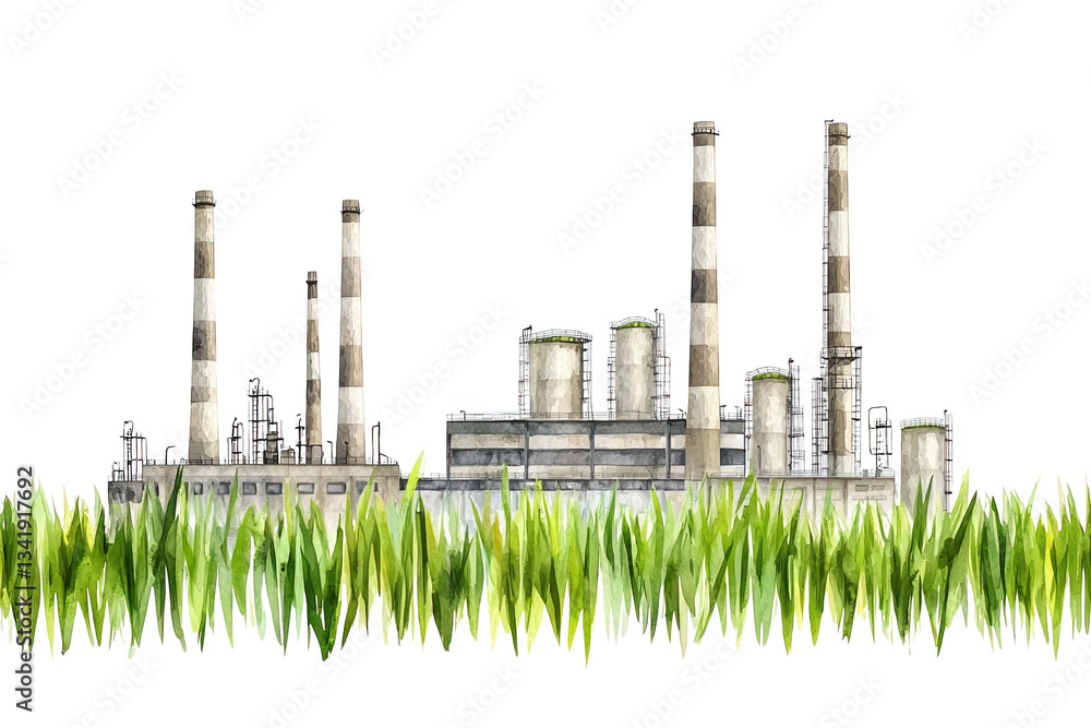 Obraz premium A detailed illustration of an industrial factory with multiple smokestacks, surrounded by vibrant, green grass.