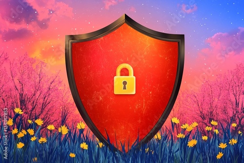 Secure Digital Shield Padlock Symbol Spring Flowers Sunset Background Protection Concept