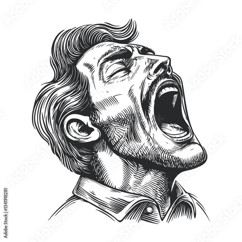 Black and White Woodcut Style Illustration of a Man Shouting