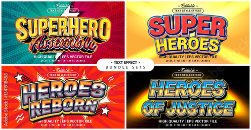 Text style effect bundle set. Superhero theme set. Vector editable file format