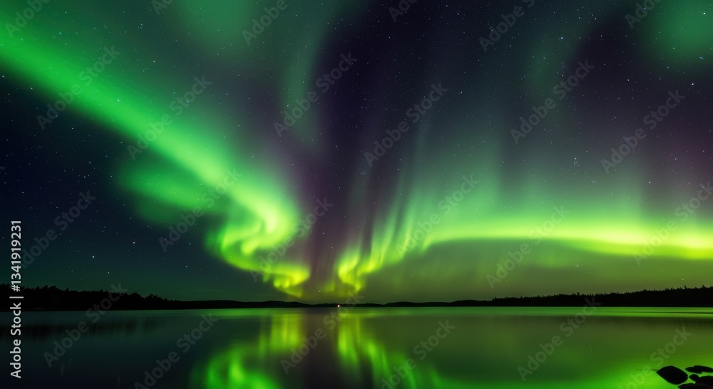 Fototapeta premium Stunning Aurora Borealis Illuminates Night Sky Over Calm Lake