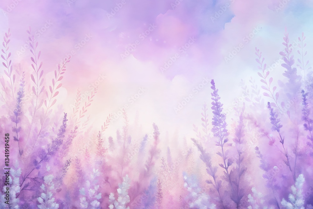 Serene lavender field bathed in soft pastel hues under a dreamy watercolor sky. Serene lavender field bathed in soft pastel hues under a dreamy watercolor sky.