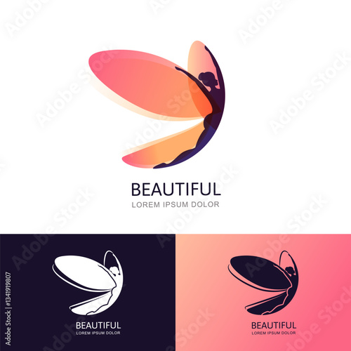 Female with butterfly wings. Woman logo icon, sign design. Vector illustration. Concept for beauty salon, cosmetic label