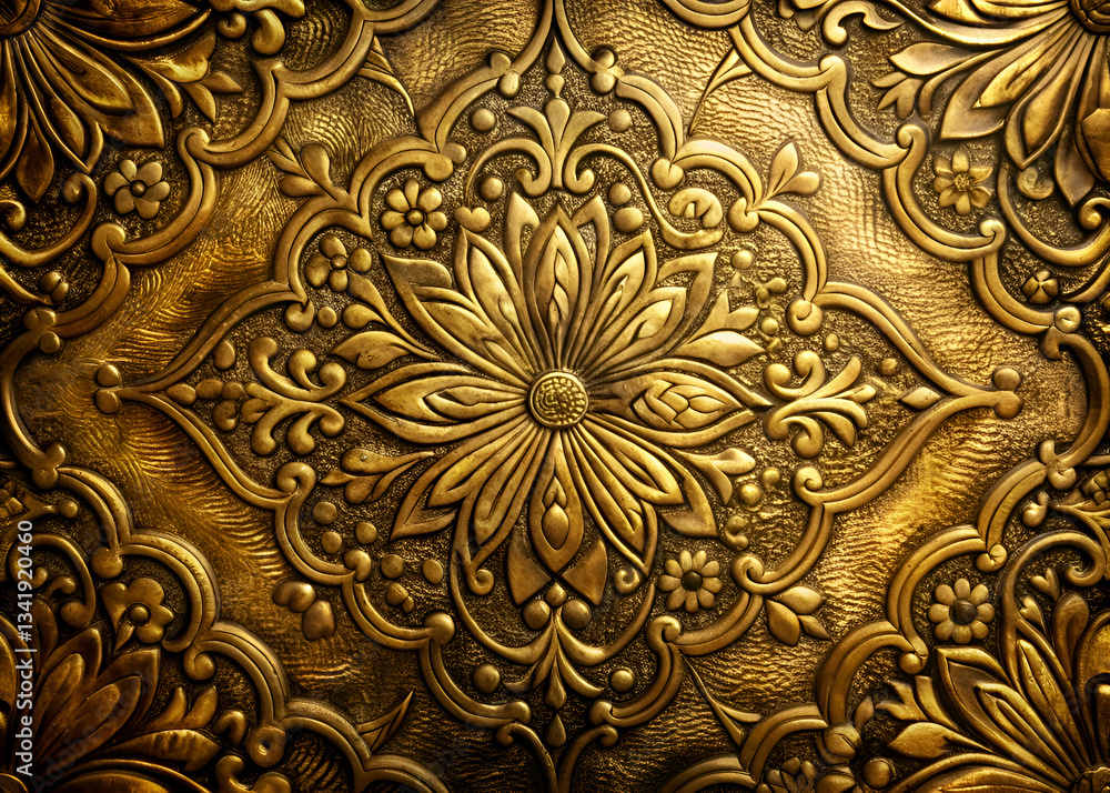 Golden Embossed Floral Pattern. Ornate Metal Texture Background Golden Embossed Floral Pattern. Ornate Metal Texture Background