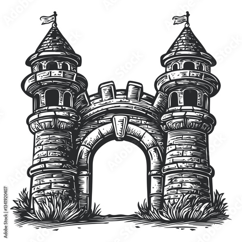 Intricate Woodcut Style Illustration of a Medieval Castle Entrance