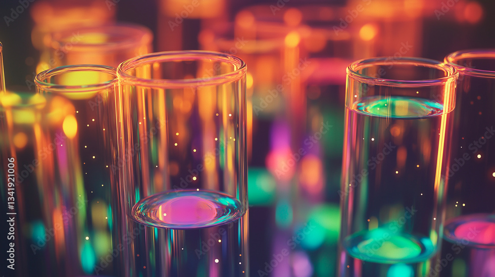 test tube and colorful abstract background. science and research.
