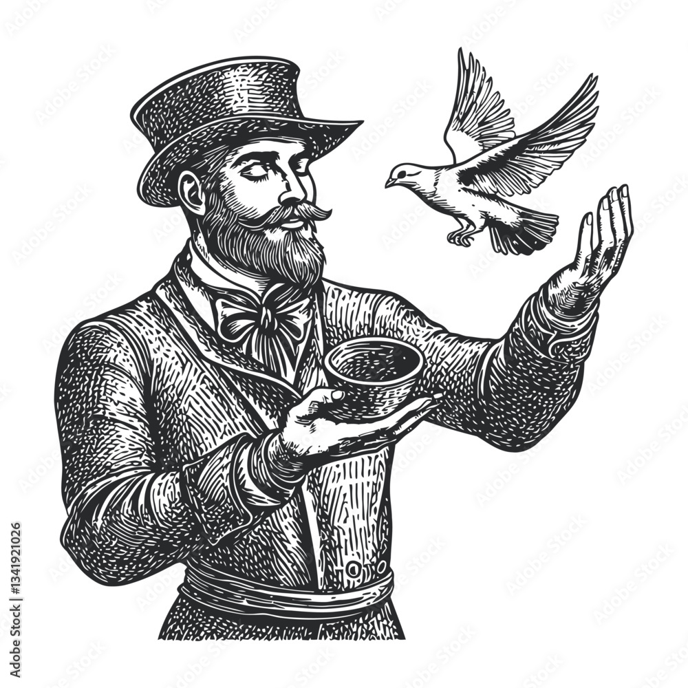 Fototapeta premium Vintage Woodcut of Man with Bird and Bowl in Hands Artwork