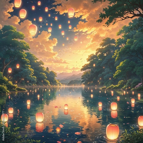 Lanterns drift peacefully on a lake surrounded by trees as the sun sets, casting a warm glow over the water. Fans of anime and manga gather to celebrate the beauty of nature