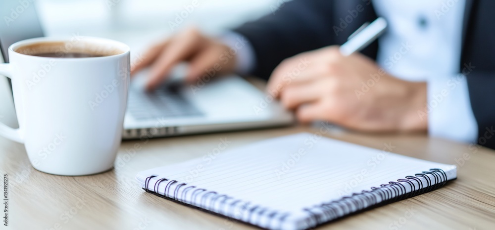 Fototapeta premium Office worker notes ideas, laptop nearby