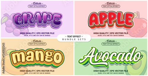 Text style effect bundle set. Mix Fruit (Grape, Apple, Mango, Avocado) theme set. Vector editable file format