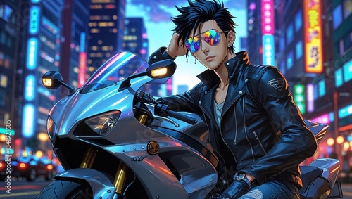 A young character with sunglasses and a leather jacket leans against a sleek motorcycle