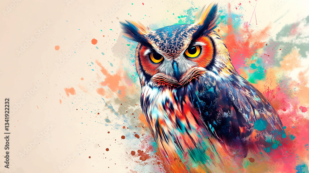 colorful painting of owl with abstract paint texture.
