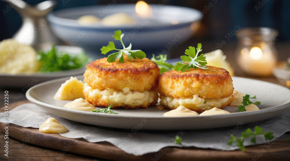 Golden fish cakes rest on creamy mashed potatoes, offering crispy cakes experience for nordic cuisine fans. Tasty garnish and soft texture highlight comforting meal potential for cozy dinners Golden fish cakes rest on creamy mashed potatoes, offering crispy cakes experience for nordic cuisine fans. Tasty garnish and soft texture highlight comforting meal potential for cozy dinners