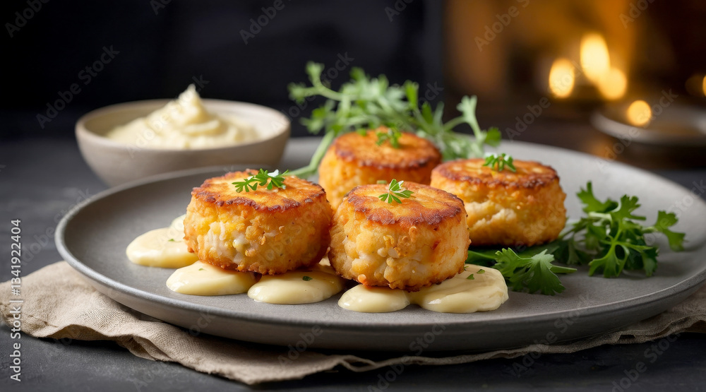 Crisp fish patties served with creamy mash reveal savory patties essence for scandinavian-inspired tables. Subtle herbs and golden color entice gastronomes seeking homemade culinary flair Crisp fish patties served with creamy mash reveal savory patties essence for scandinavian-inspired tables. Subtle herbs and golden color entice gastronomes seeking homemade culinary flair