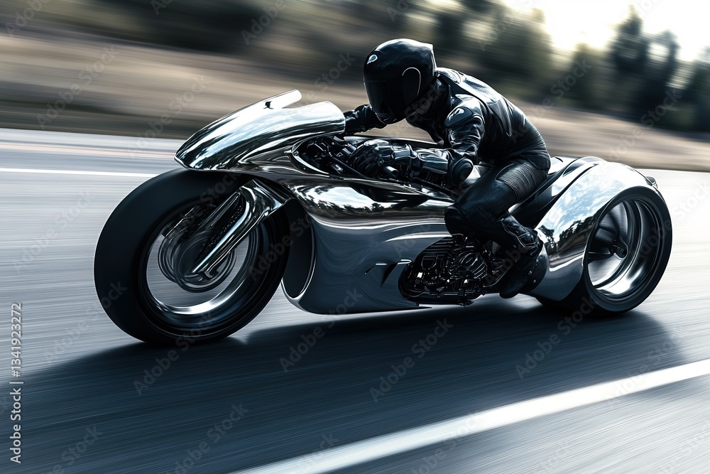 Fototapeta premium Futuristic Chrome Motorcycle: Speeding down the road with a sleek reflective design