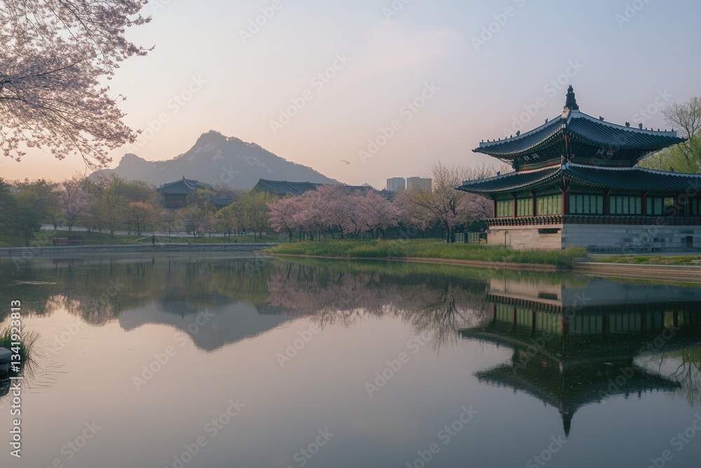 Springtime Korean Palace Reflection at Dawn Springtime Korean Palace Reflection at Dawn