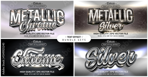 Text style effect bundle set. Metallic Chrome Silver theme set. Vector editable file format