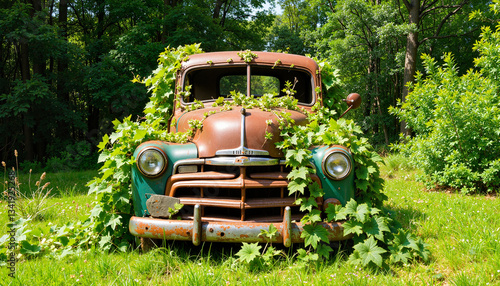 Rusty car enveloped by vibrant vines in overgrown field, nature reclaiming