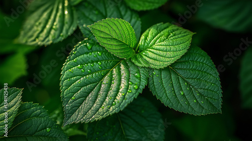 Macro shot of fresh green leaves with water droplets after rain.