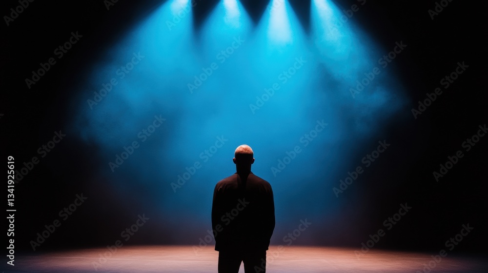 Fototapeta premium Immersive Performance Storytelling Gen Z Creative Entrepreneurship in Dramatic Blue Spotlight - Authentic Artistic Expression and Personal Branding